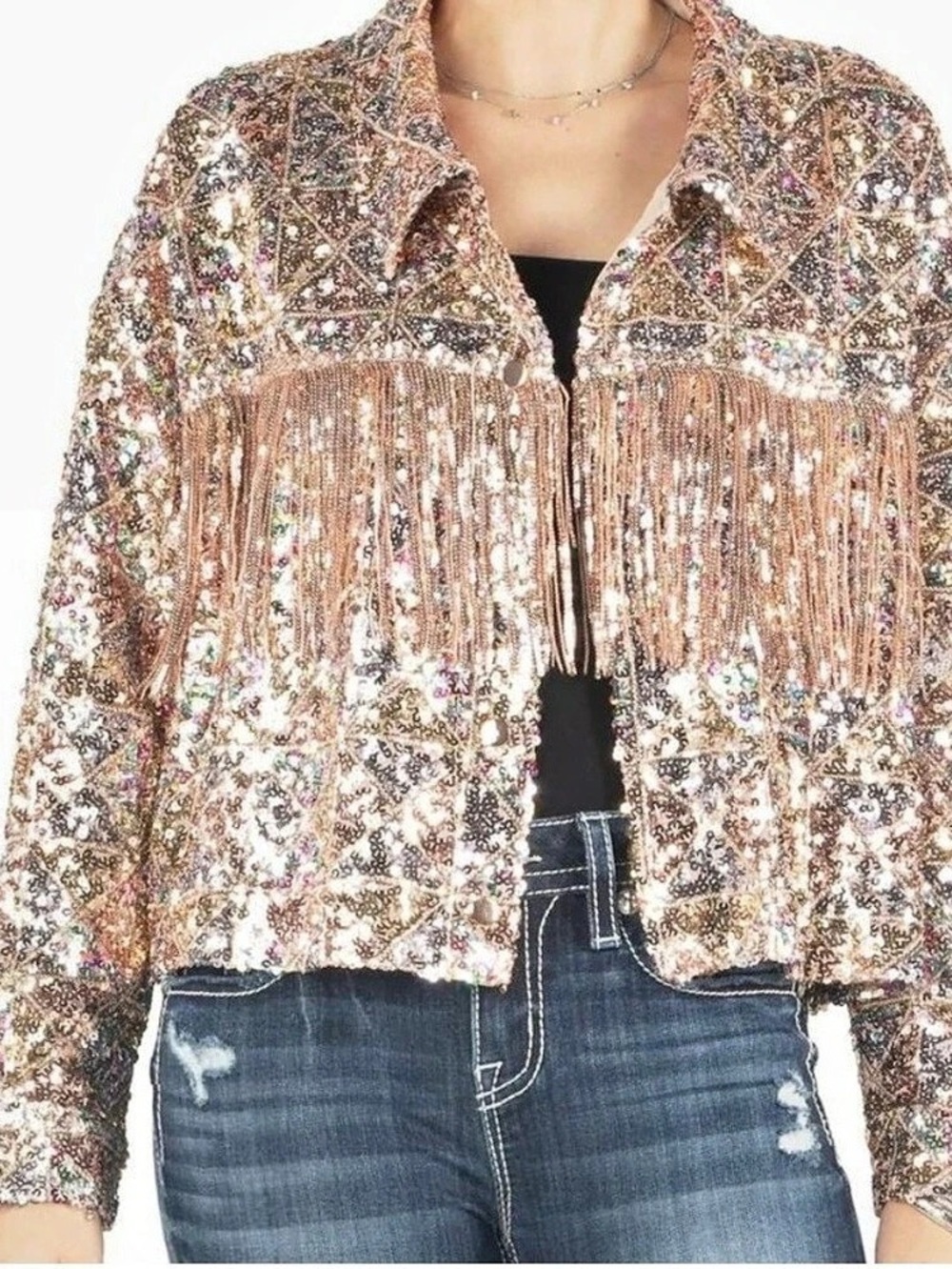 NWT Miss Me Geometric Sequin Fringe Jacket Pink & Gold Size Medium